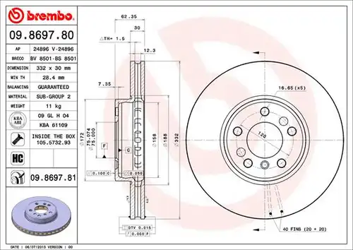 спирачен диск BREMBO 09.8697.80