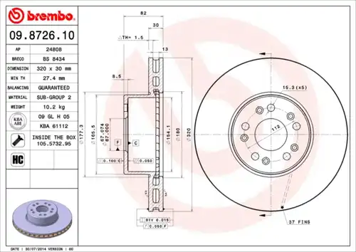 спирачен диск BREMBO 09.8726.10