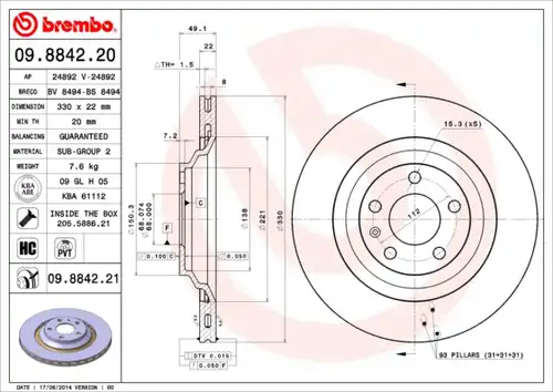 спирачен диск BREMBO 09.8842.20