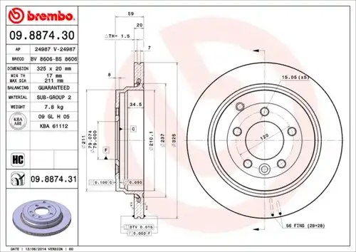 спирачен диск BREMBO 09.8874.30