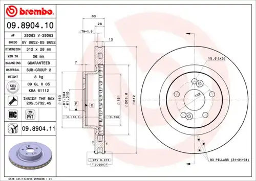 спирачен диск BREMBO 09.8904.10