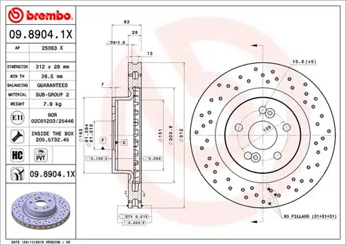 спирачен диск BREMBO 09.8904.1X