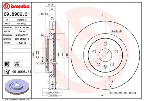 спирачен диск BREMBO 09.8906.31