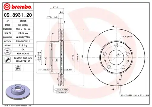 спирачен диск BREMBO 09.8931.20