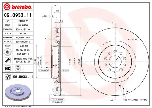 спирачен диск BREMBO 09.8933.11