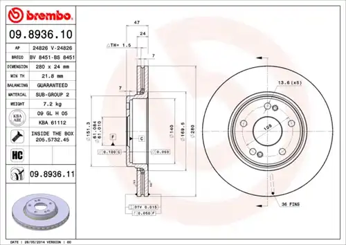 спирачен диск BREMBO 09.8936.10