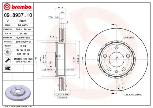 спирачен диск BREMBO 09.8937.10