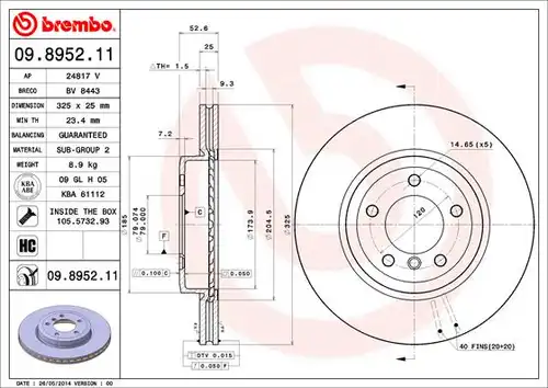 спирачен диск BREMBO 09.8952.11