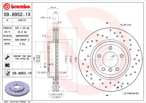 спирачен диск BREMBO 09.8952.1X