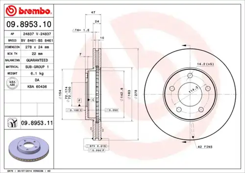 спирачен диск BREMBO 09.8953.10