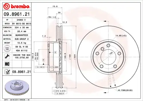 спирачен диск BREMBO 09.8961.21