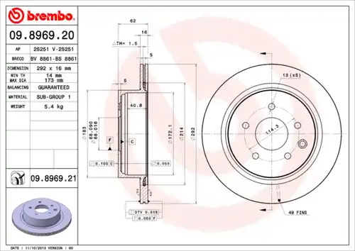 спирачен диск BREMBO 09.8969.21