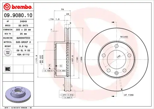 спирачен диск BREMBO 09.9080.10