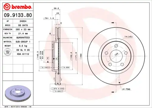 спирачен диск BREMBO 09.9133.80