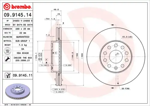 спирачен диск BREMBO 09.9145.11