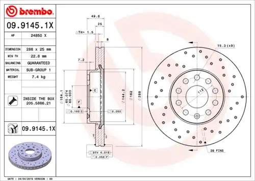 спирачен диск BREMBO 09.9145.1X