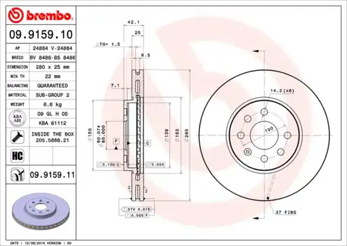 спирачен диск BREMBO 09.9159.10