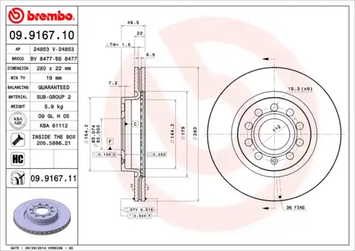 спирачен диск BREMBO 09.9167.10