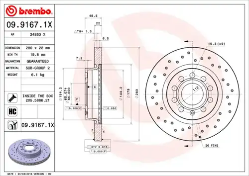 спирачен диск BREMBO 09.9167.1X