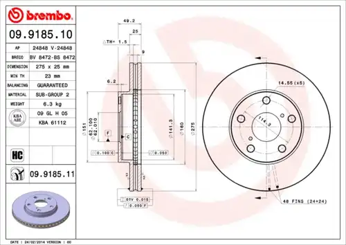 спирачен диск BREMBO 09.9185.10