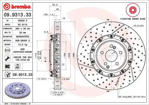 спирачен диск BREMBO 09.9313.33