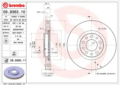 спирачен диск BREMBO 09.9363.10