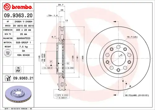 спирачен диск BREMBO 09.9363.20