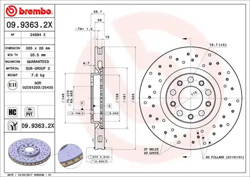 спирачен диск BREMBO 09.9363.2X