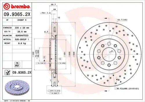 спирачен диск BREMBO 09.9365.2X