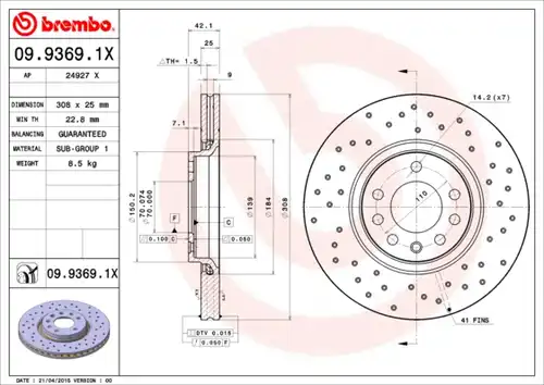 спирачен диск BREMBO 09.9369.1X