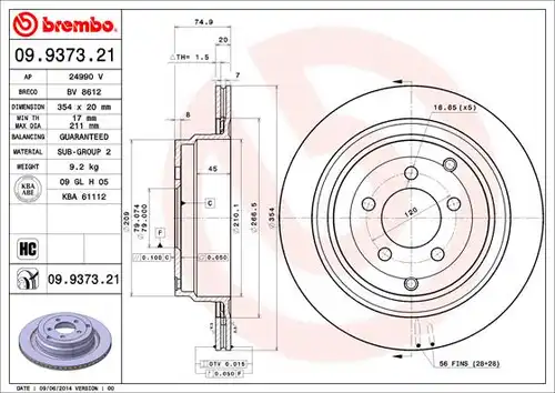 спирачен диск BREMBO 09.9373.21