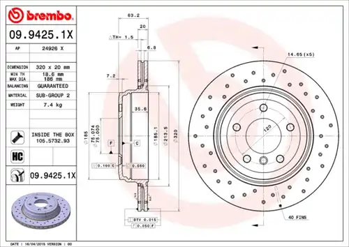 спирачен диск BREMBO 09.9425.1X