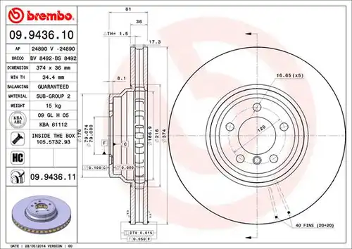 спирачен диск BREMBO 09.9436.10