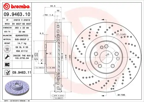 спирачен диск BREMBO 09.9463.10