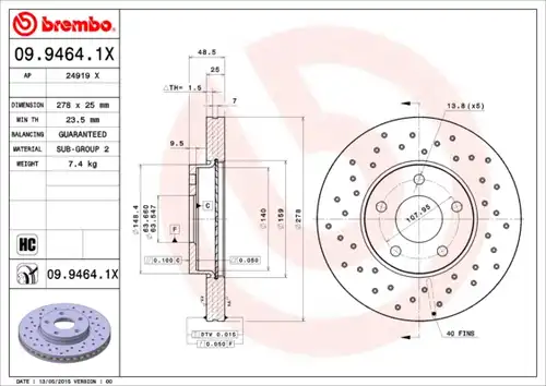 спирачен диск BREMBO 09.9464.1X