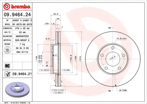 спирачен диск BREMBO 09.9464.21