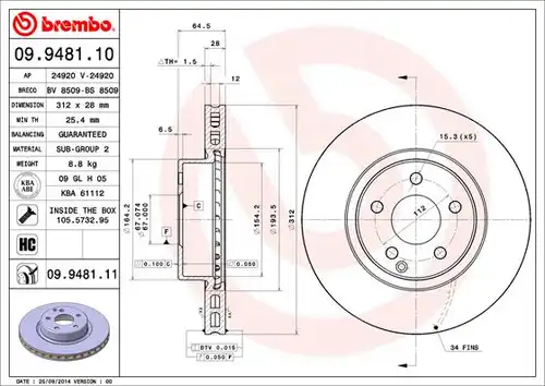 спирачен диск BREMBO 09.9481.10