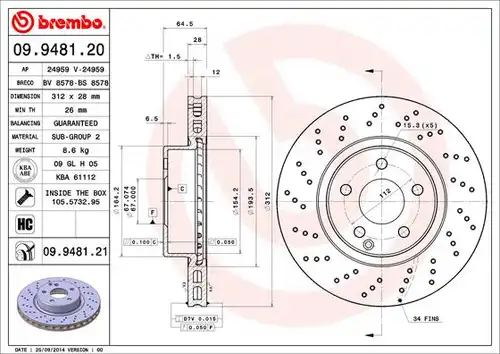 спирачен диск BREMBO 09.9481.20