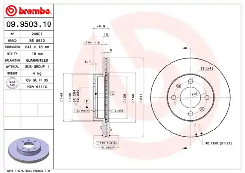 спирачен диск BREMBO 09.9503.10