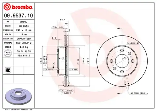 спирачен диск BREMBO 09.9537.10