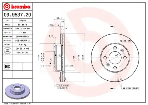 спирачен диск BREMBO 09.9537.20