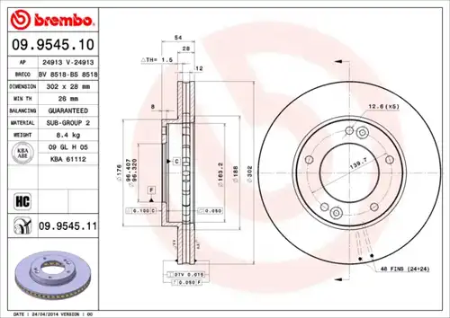 спирачен диск BREMBO 09.9545.10