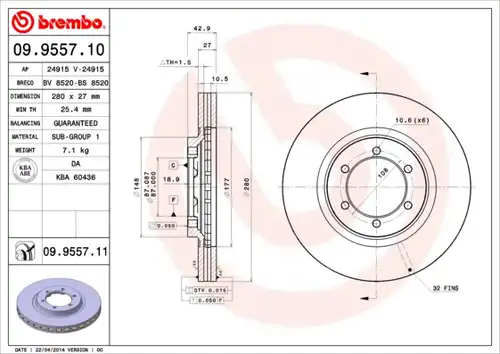 спирачен диск BREMBO 09.9557.10