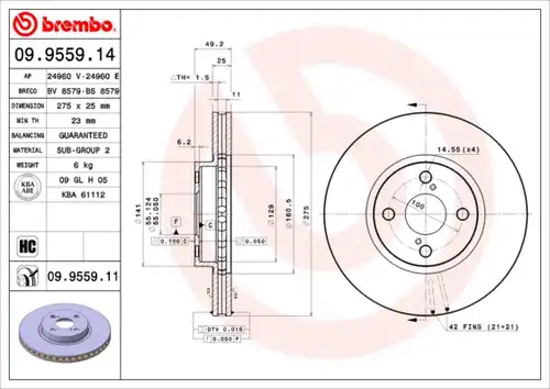 спирачен диск BREMBO 09.9559.11