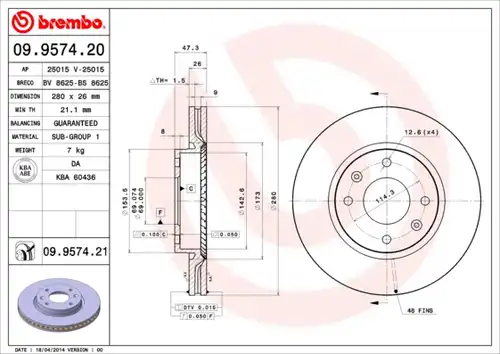 спирачен диск BREMBO 09.9574.20