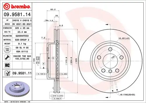 спирачен диск BREMBO 09.9581.11