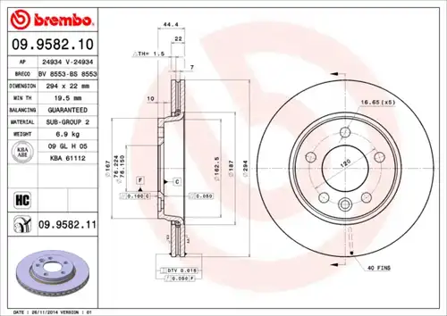 спирачен диск BREMBO 09.9582.10