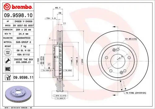 спирачен диск BREMBO 09.9598.10