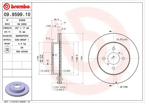 спирачен диск BREMBO 09.9599.10