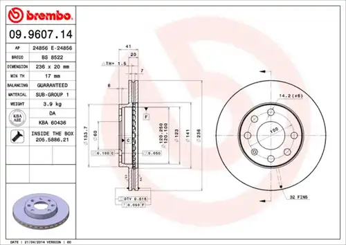 спирачен диск BREMBO 09.9607.14